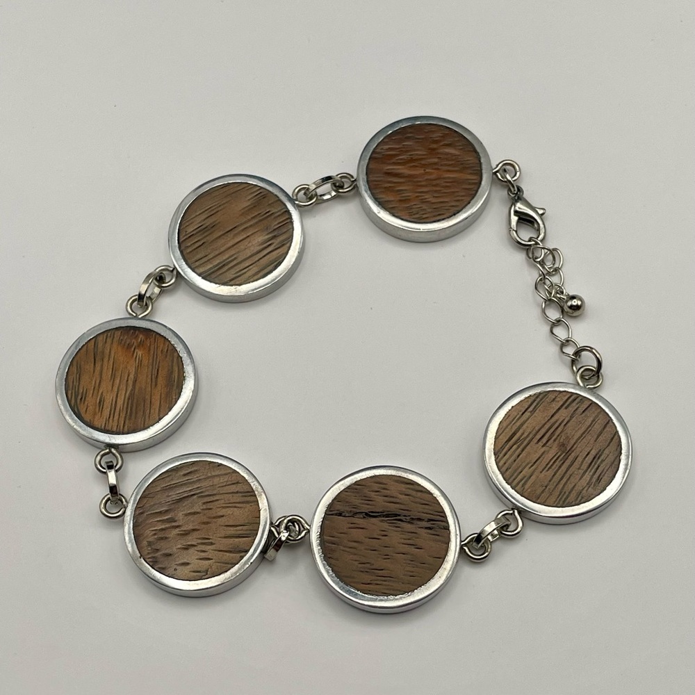 Wood & Silver Tone Vintage Bohemian Style Circle Link Bracelet Lobster Clasp